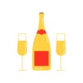 Champagne wine bottle icon with two glasses. Line silhouette. New Year, wedding celebration symbol. Vector illustration. Royalty Free Stock Photo